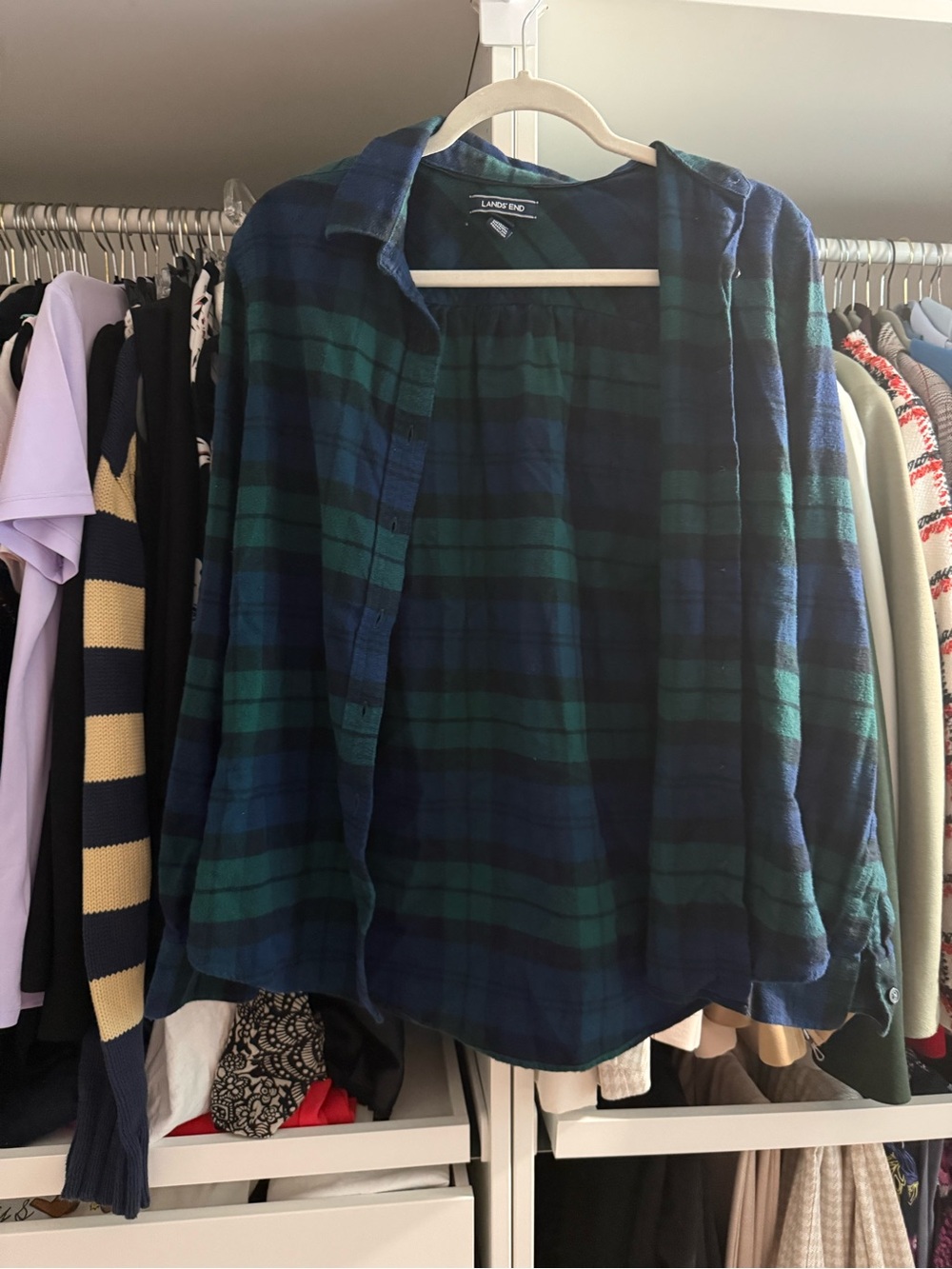Lands' End Women’s Blue & Green Plaid Flannel Shirt